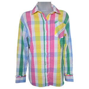 Crown & Ivy Wom SM Madras Plaid Long Sleeve Shirt Cotton Seersucker Spring EUC